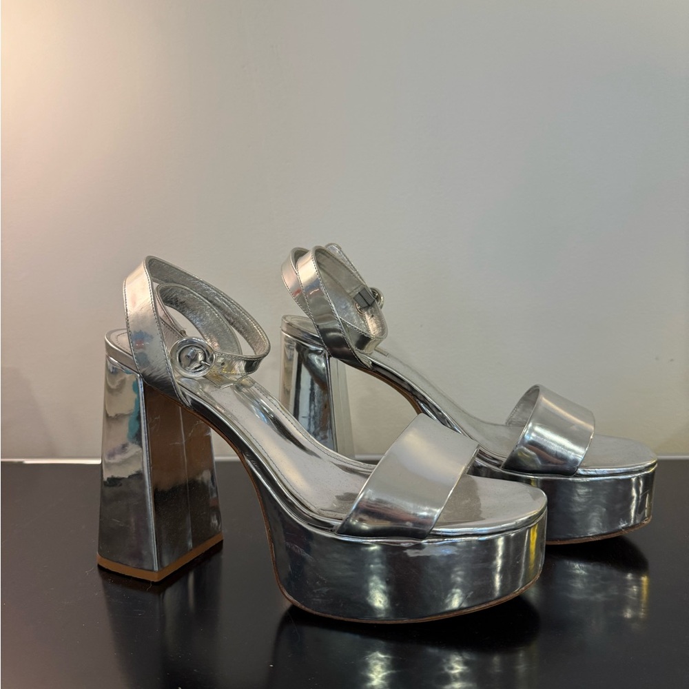 Larroude Silver Metallic Platform Block Heels - size 8.5